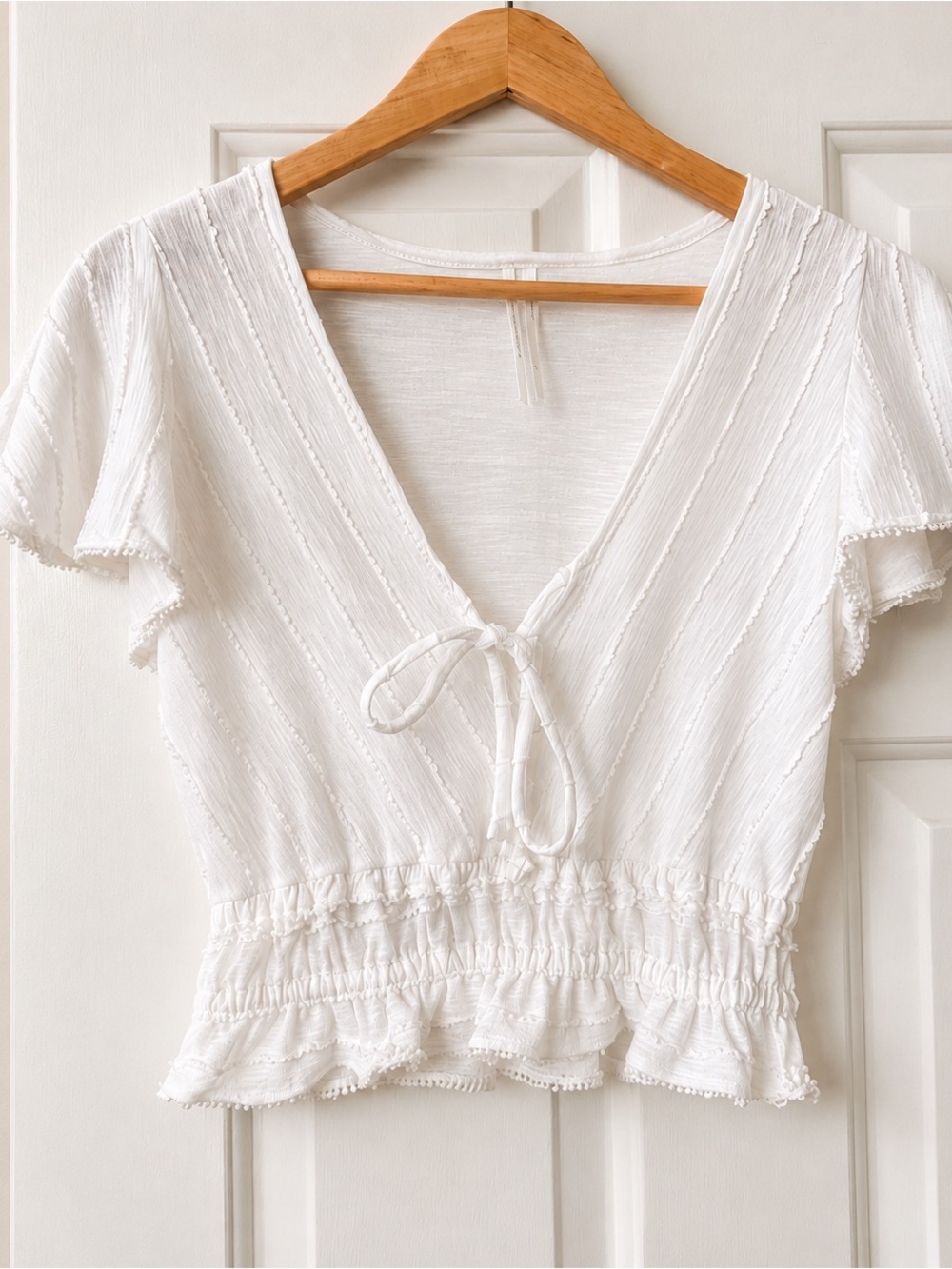 Anthropologie White Tie Front Blouse XS Ruffle Hem Cottagecore Peplum Top Cute